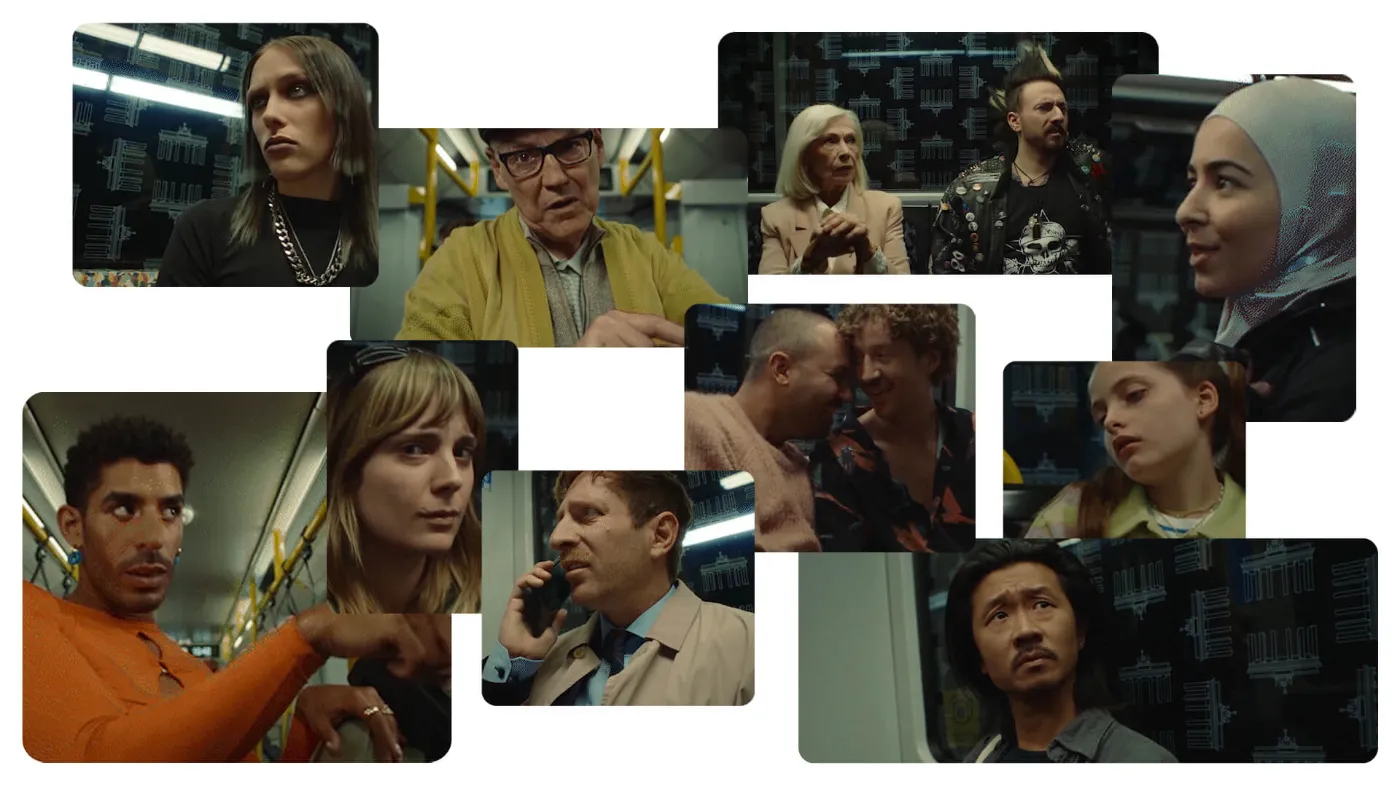 Fotocollage von Filmsequenzen, die die Darsteller*innen des Films und damit diverse Menschen in der U-Bahn zeigen.