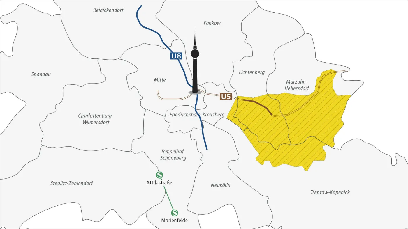 Vereinfachte Karte von Berlin mit dem kompletten Bediengebiet des BVG Muva. 