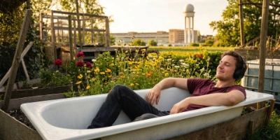 Ein Mann mit Kopfhörern sitzt angezogen in einer leeren Badewanne, die in einem Garten steht. Der Mann lächelt mit geschlossenen Augen. Im Hintergrund ist das Tempelhofer Feld zu sehen.
