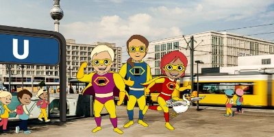 Auf dem Bild sind die Supergelben. Sie sind umgeben von einer U-Bahn und Bus Station und einer vorbeifahrenden Tram.