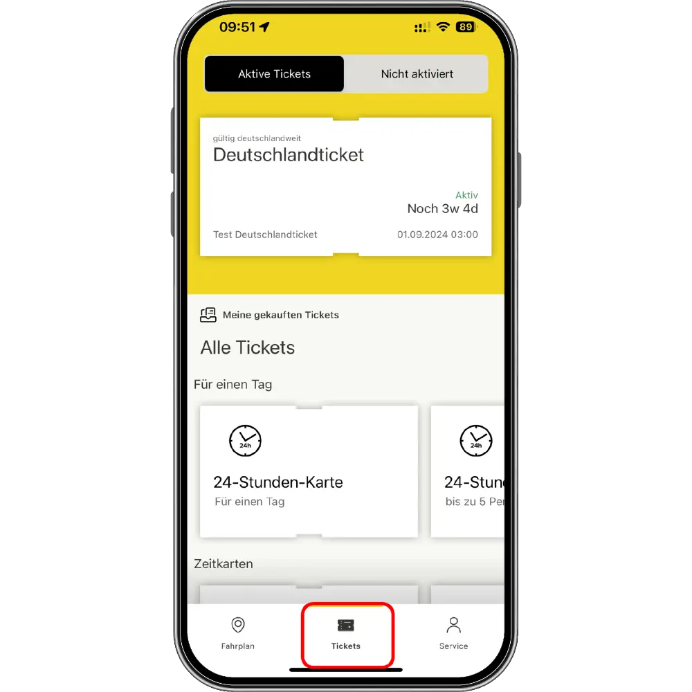 Auf dem Bild ist der Ticket-Bereich der neuen Fahrinfo-App zu sehen.