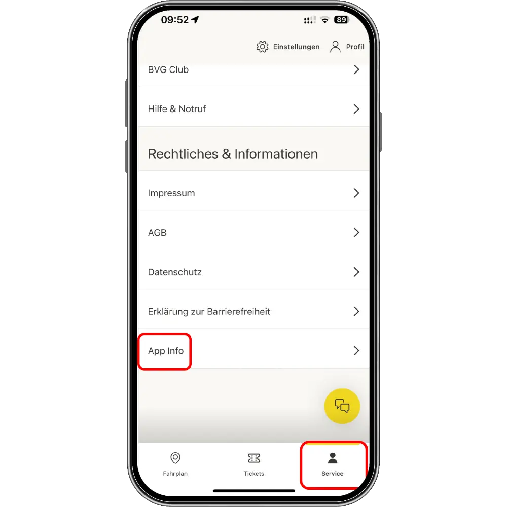 Auf dem Bild ist der Service-Bereich der neuen Fahrinfo-App zu sehen.