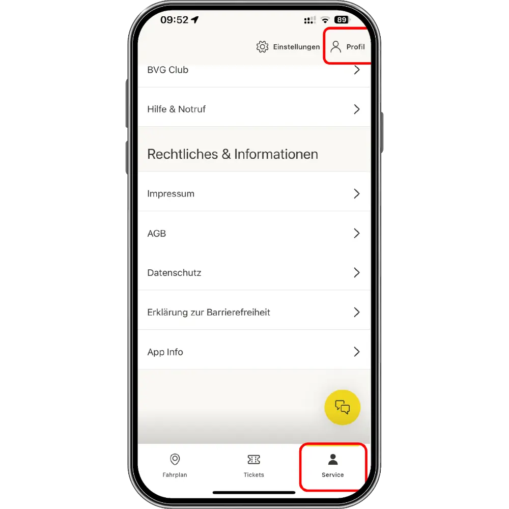 Auf dem Bild ist der Service-Bereich und rechts oben der Weh zum Profil-Bereich der neuen Fahrinfo-App zu sehen.