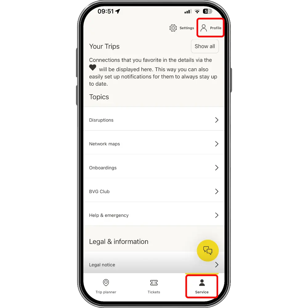 The picture shows the service area and the path to the profile area of the new Fahrinfo-App at the top right.