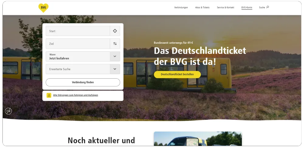 Screenshot der Startseite von bvg.de