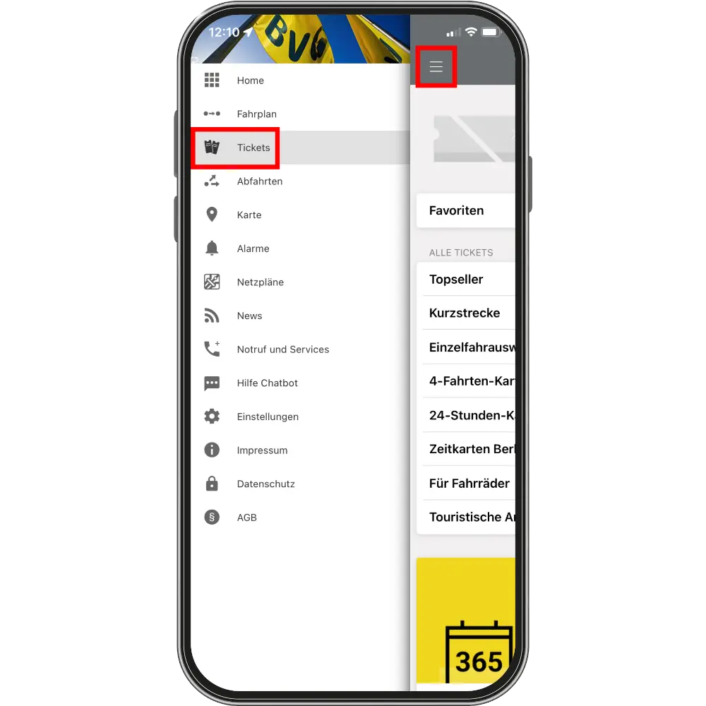 Screen zur Auswahl der Tickets in der Fahrinfo-App