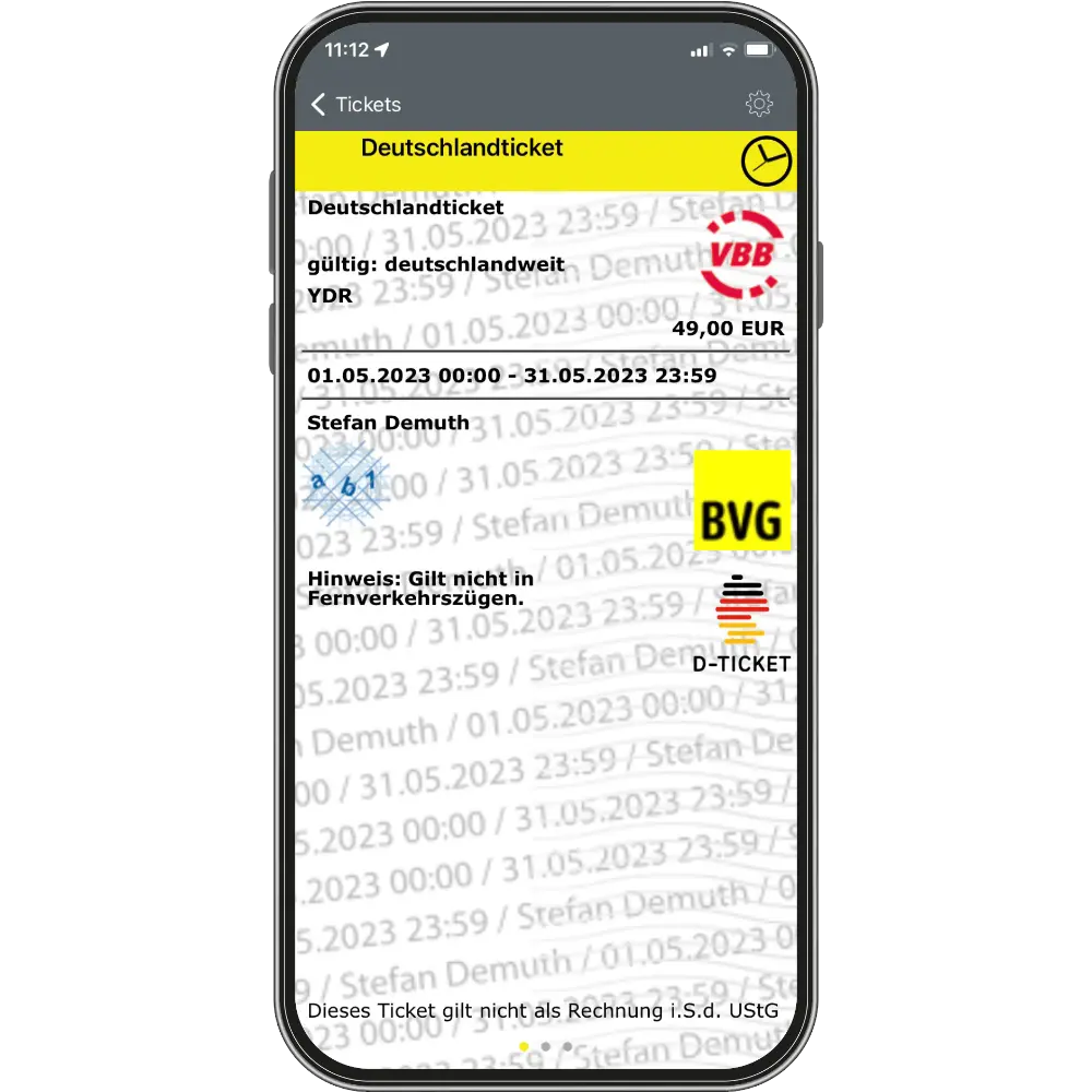 Screen zur Ansicht des Deutschlandtickets in der Fahrinfo-App.