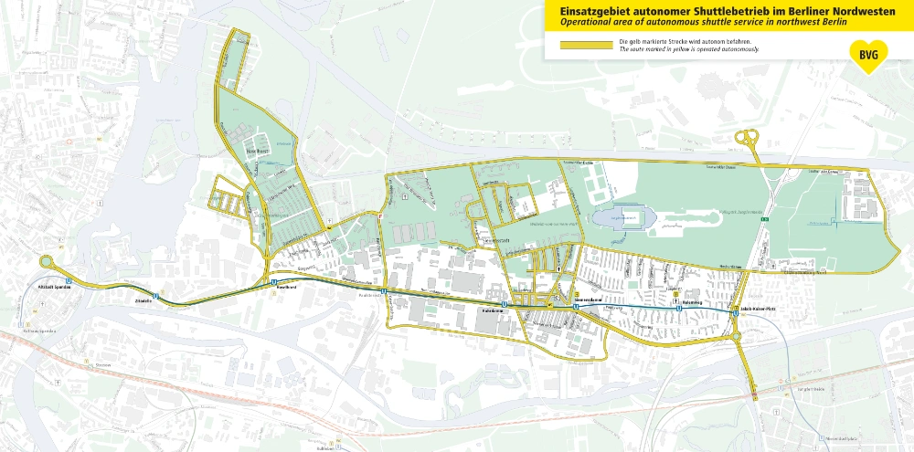 Karte von Berlin mit markiertem Bereich des autonomen Shuttlebetriebs im Berliner Nordwesten.