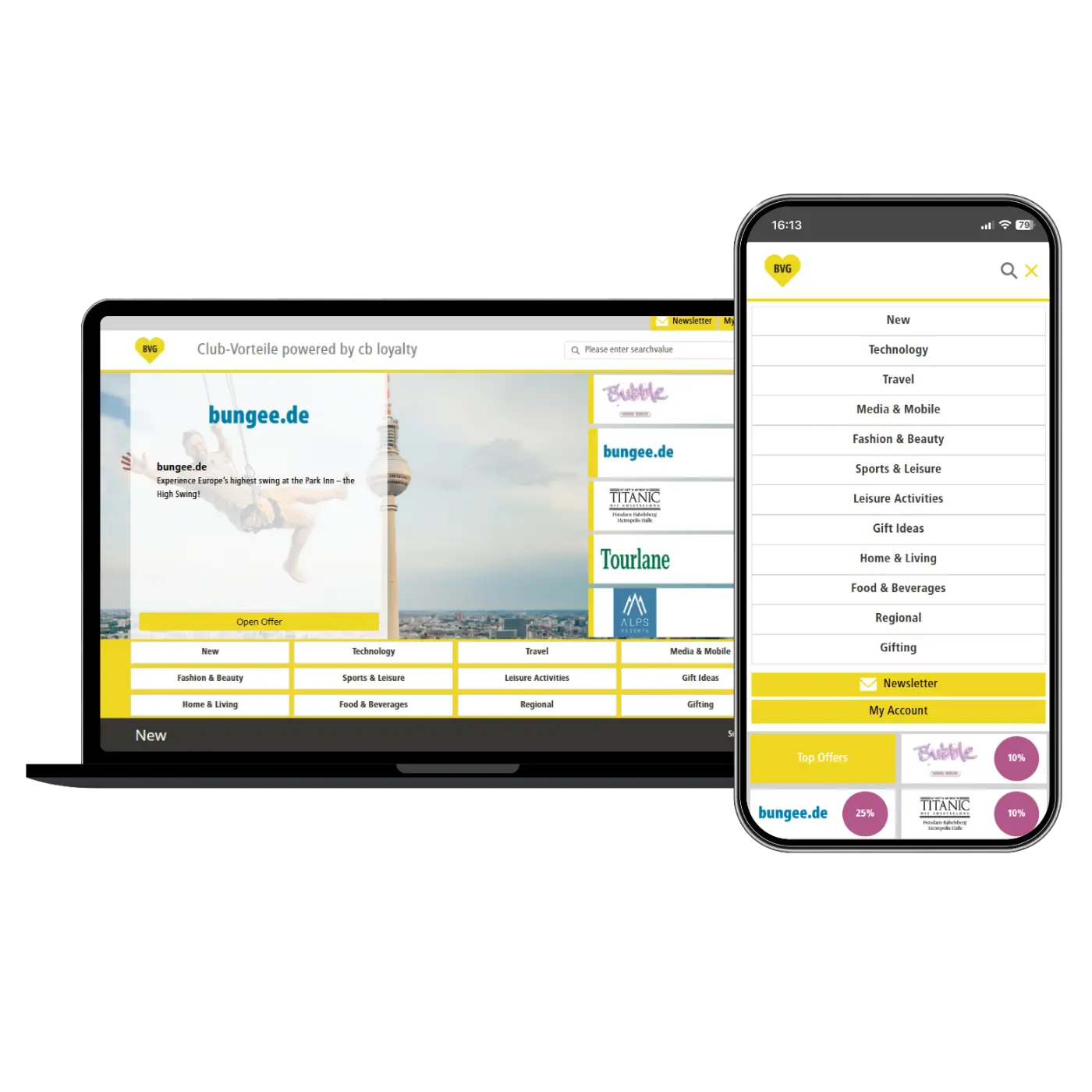 Die Seite des BVG Clubs als Ansicht auf Laptop und Handy.