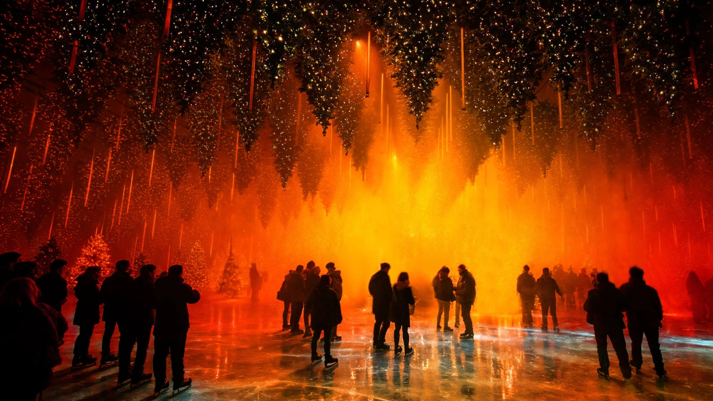 Zu sehen sind Menschen in einem, in orangenes Licht getauchten, großen Raum. Von der Decken scheinen Weihnachtsbäume zu wachsen.