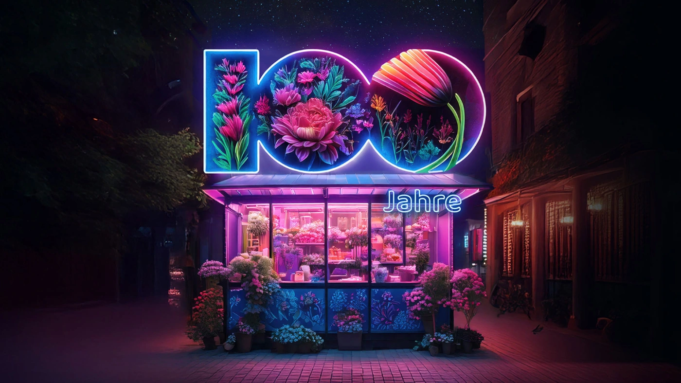 Ein hell erleuchteter Blumenladen in einer Stadt bei Nacht. Auf dem Dach des Blumenladens steht "100 Jahre".