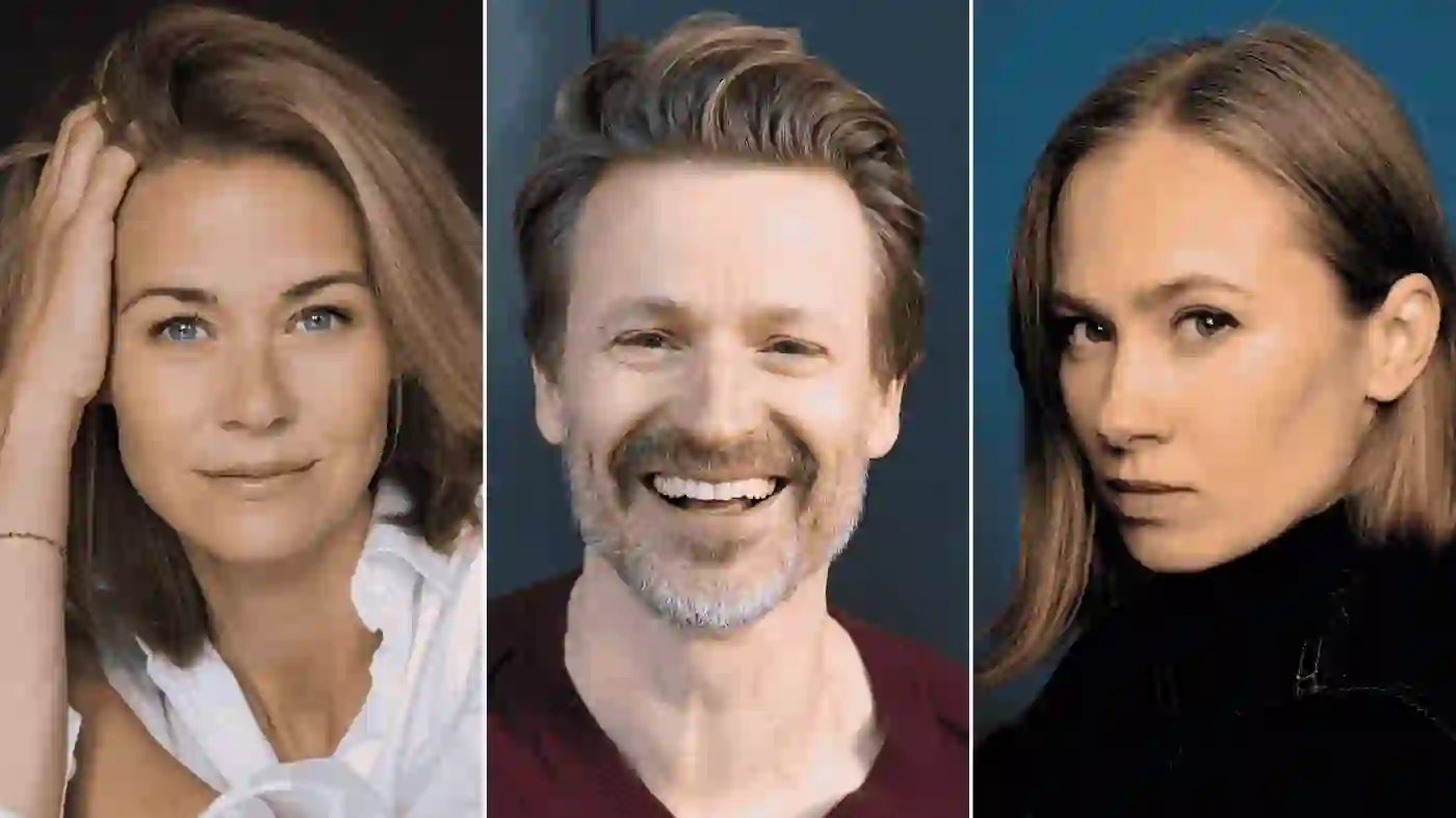 Drei nebeneinander angeordnete Porträts von zwei Frauen und einem Mann vor dunklem Hintergrund. Alle blicken direkt oder leicht seitlich in die Kamera.