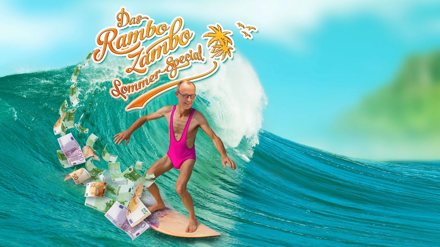 Zu sehen ist eine Fotomontage von Friedrich Merz auf einem Surfbrett. Er surft auf einer Welle.