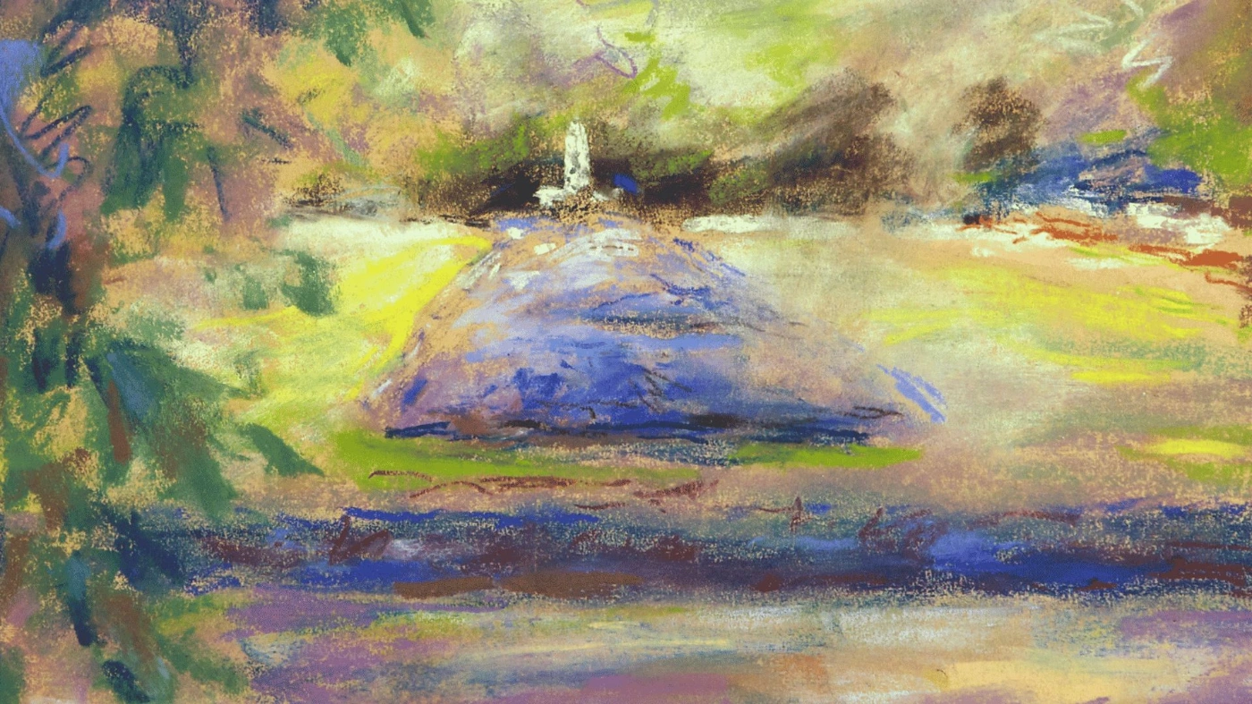 Das Bild von Max Liebermann "Blumenbeet im Wannseegarten mit Blick auf den Fischotterbrunnen". In Pastelltönen dominieren die Farben blau und grün in impressionistischer Malweise.