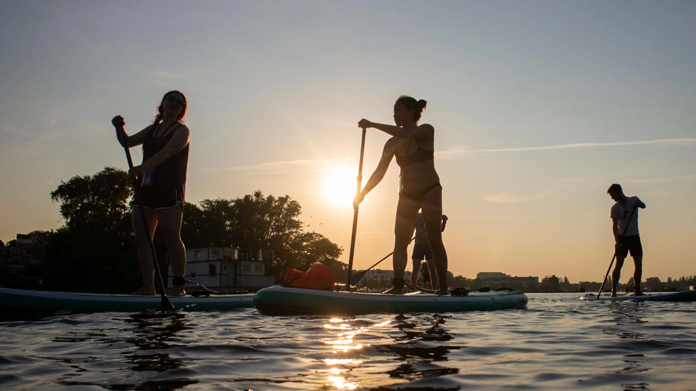 Mehrere Menschen stehen bei Sonnenuntergang auf Stand-up-Paddle-Boards auf dem Wasser. Die Personen sind als Silhouetten vor der tief stehenden Sonne zu sehen.