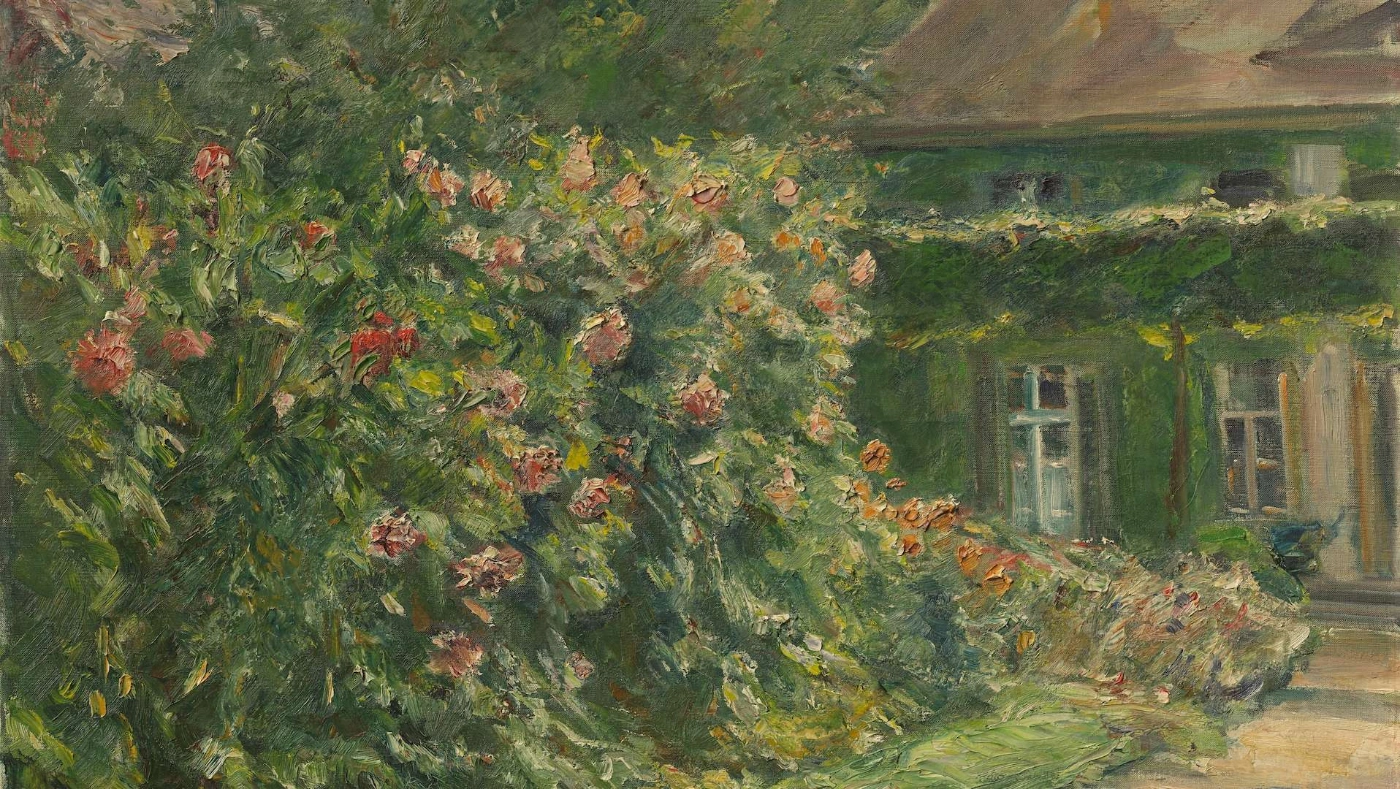 Max Liebermanns Bild, Mein Haus in Wannsee mit Garten ist zu sehen: Ein riesiger, impressionistisch gemalter Rosenstrauch vor einem halb verdeckten Haus.