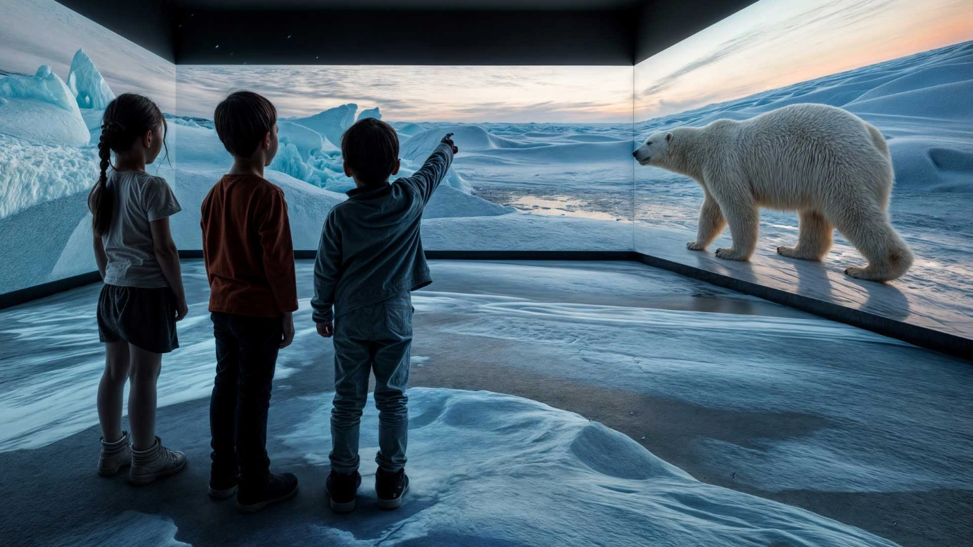 3 Kinder sind vor einer großen Projektion einer Eislandschaft zu sehen, durch die ein Eisbär läuft.