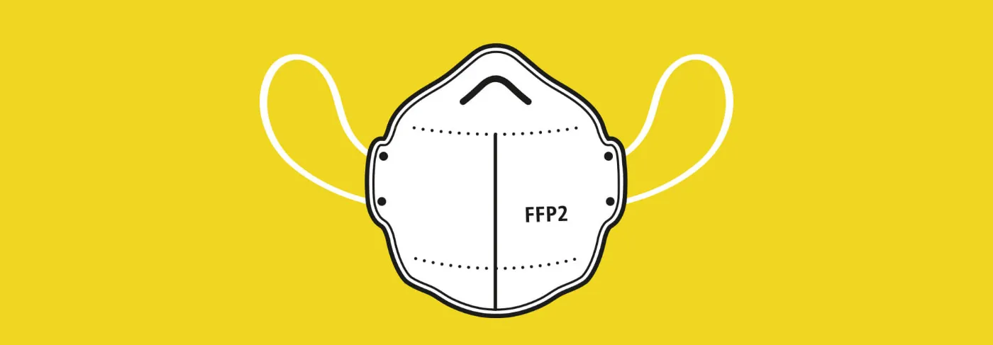 Illustration einer weißen FFP2-Maske auf gelbem Hintergrund.