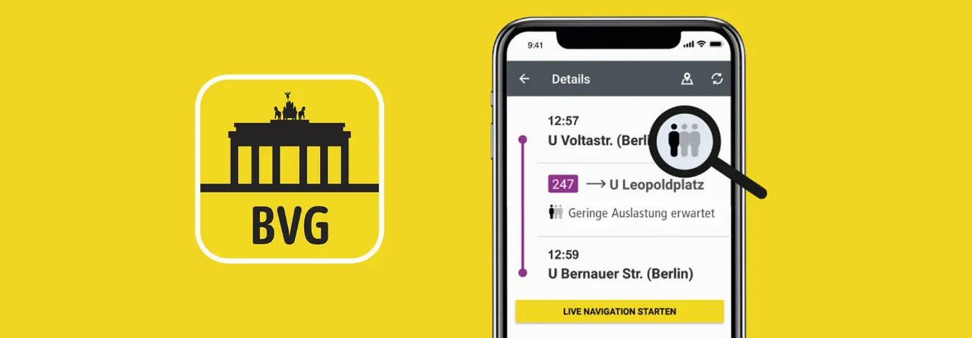 Das App-Icon der BVG Fahrinfo-App neben einem Handyscreen, der die Auslastungsanzeige der App beispielhaft zeigt auf gelbem Hintergrund.