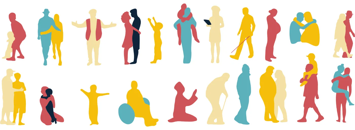 Das Bild ist eine Illustration und zeigt verschieden farbige Silhouetten diverser Menschen.
