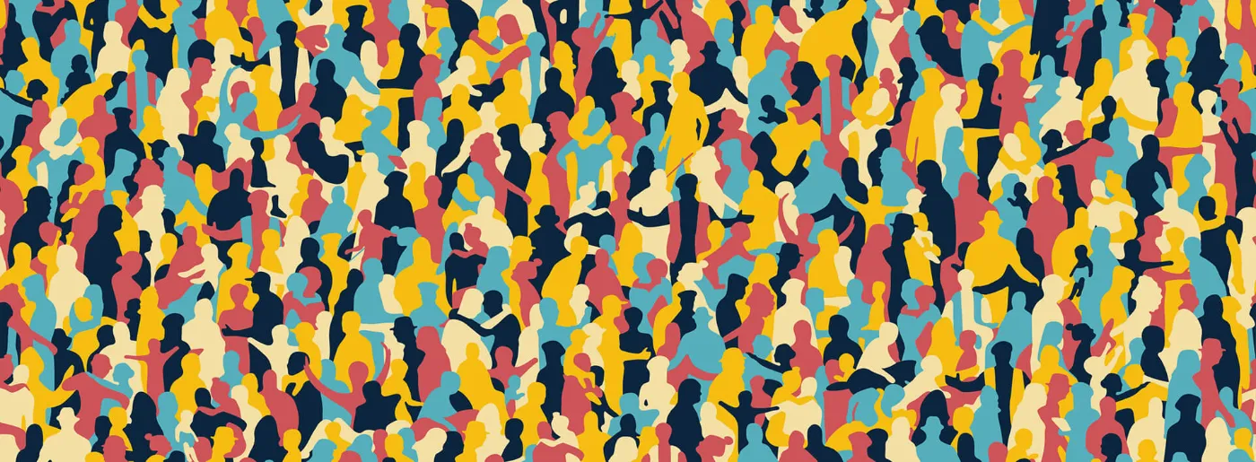 Illustration des Sitzmusters in Großaufnahme. Es sind verschiedene Silhouetten diverser Menschen und Personengruppen in bunten Farben zu sehen.
