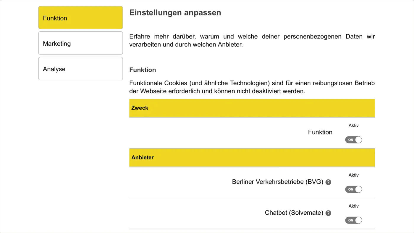 Screenshot zur Anpassung der Einstellungen auf bvg.de.