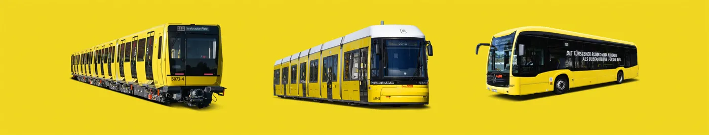 Die Fahrzeige der BVG auf gelbem Hintergrund: Eine U-Bahn, eine Tram und ein Bus. 