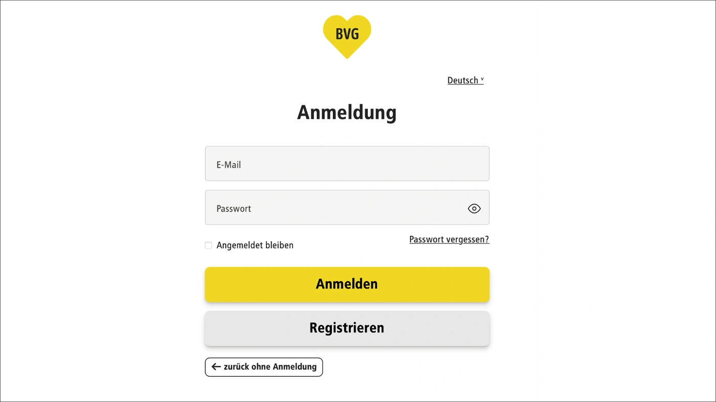 Anmeldefenster des BVG-Kontos.