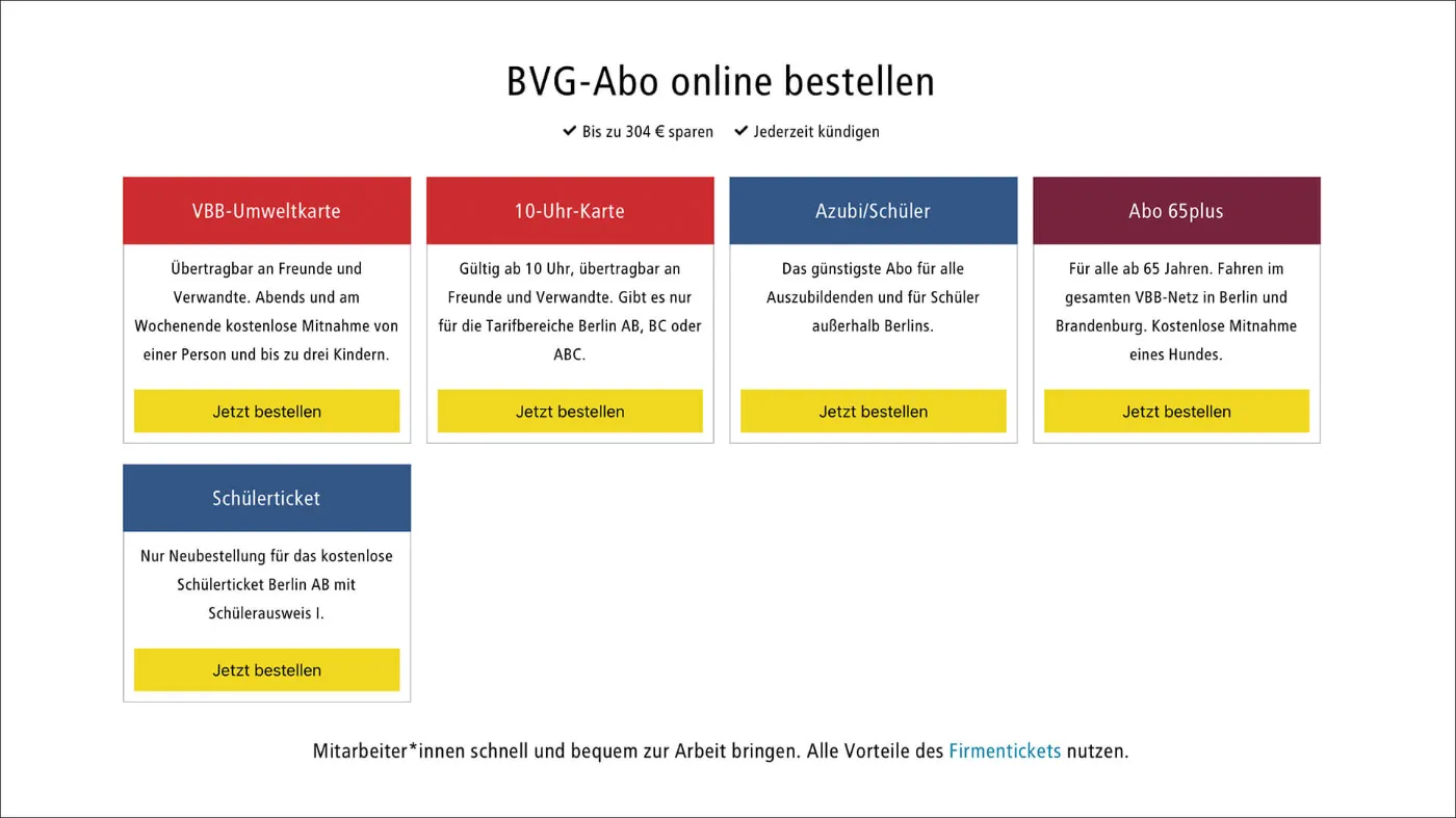 Überblick über die Abo-Bestell-Seite der BVG. 