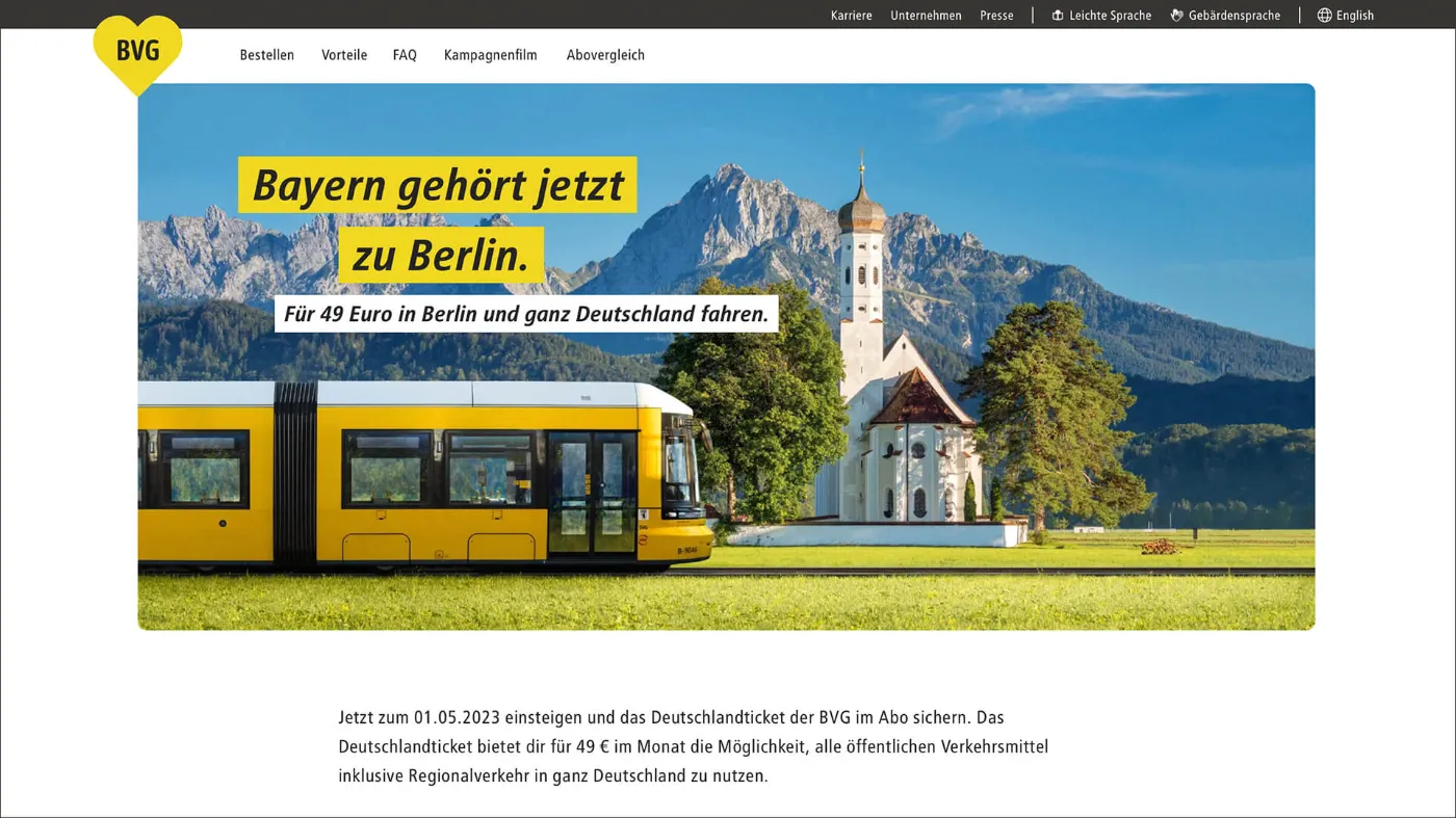 Screenshot der Sonderseite zum Thema "Deutschlandticket" der BVG.