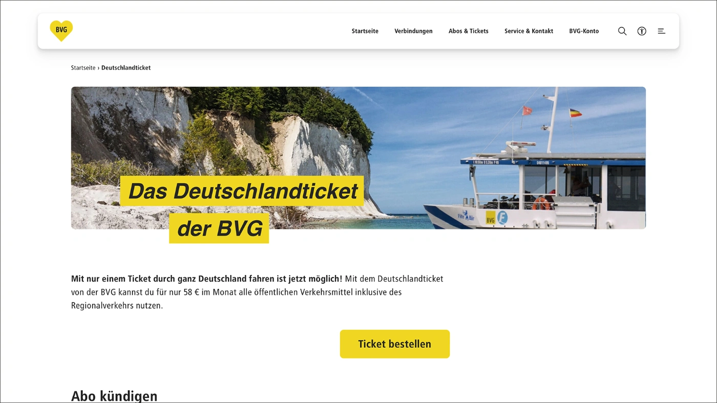Screenshot der Sonderseite zum Thema "Deutschlandticket" der BVG.