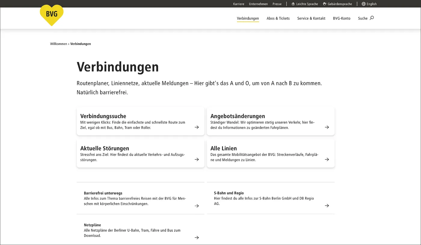 Überblick über die Seite "Verbindungen" auf bvg.de. Darauf sind Kacheln zu sehen, die zu Unterseiten wie "Verbindungssuche" und "Angebotsänderungen" führen.""