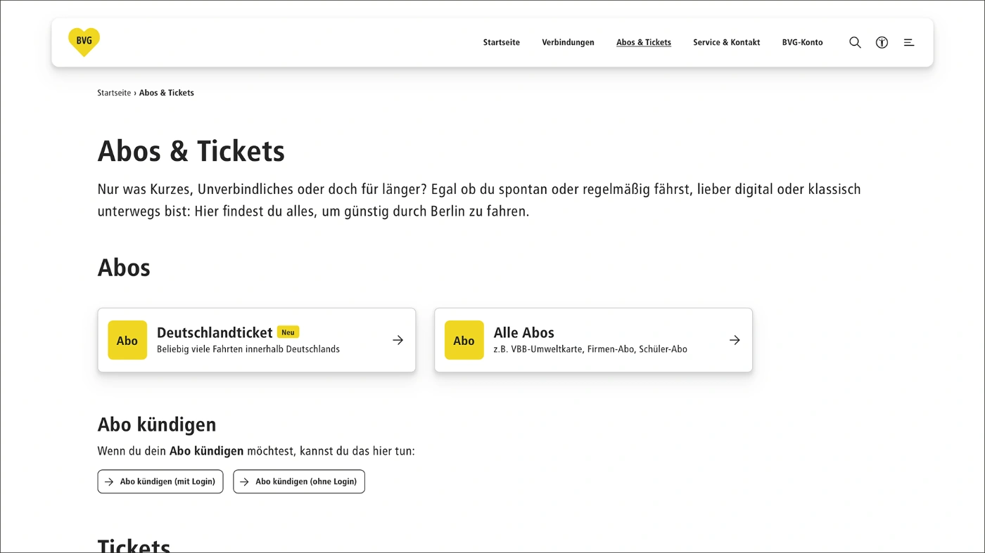 Überblick über die "Tickets & Tarife"-Seite auf bvg.de. Es sind die meist genutzten Tickets zu sehen.
