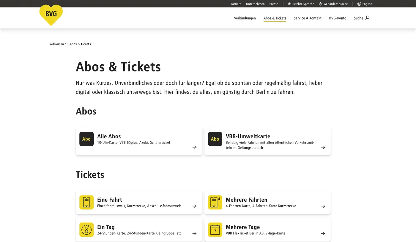 Überblick über die "Tickets & Tarife"-Seite auf bvg.de. Es sind die meist genutzten Tickets zu sehen.