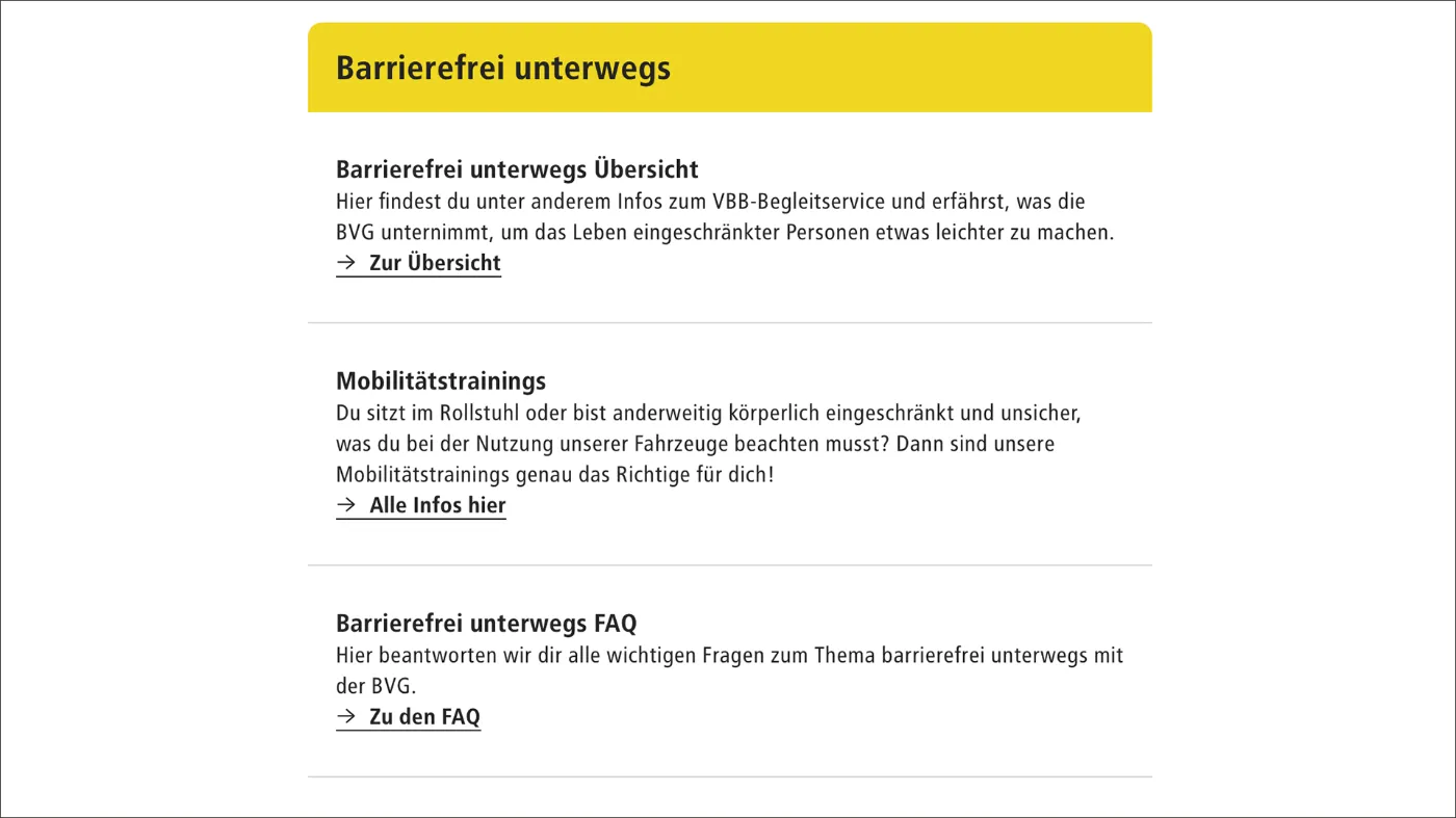 Blick auf die Themen unter "Barrierefrei unterwegs" auf bvg.de. 
