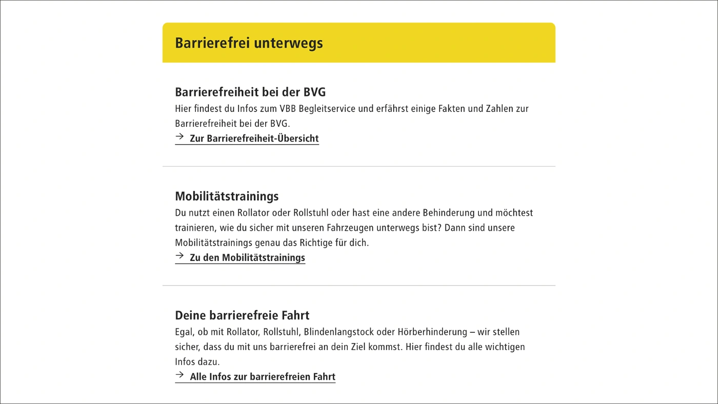 Blick auf die Themen unter "Barrierefrei unterwegs" auf bvg.de.