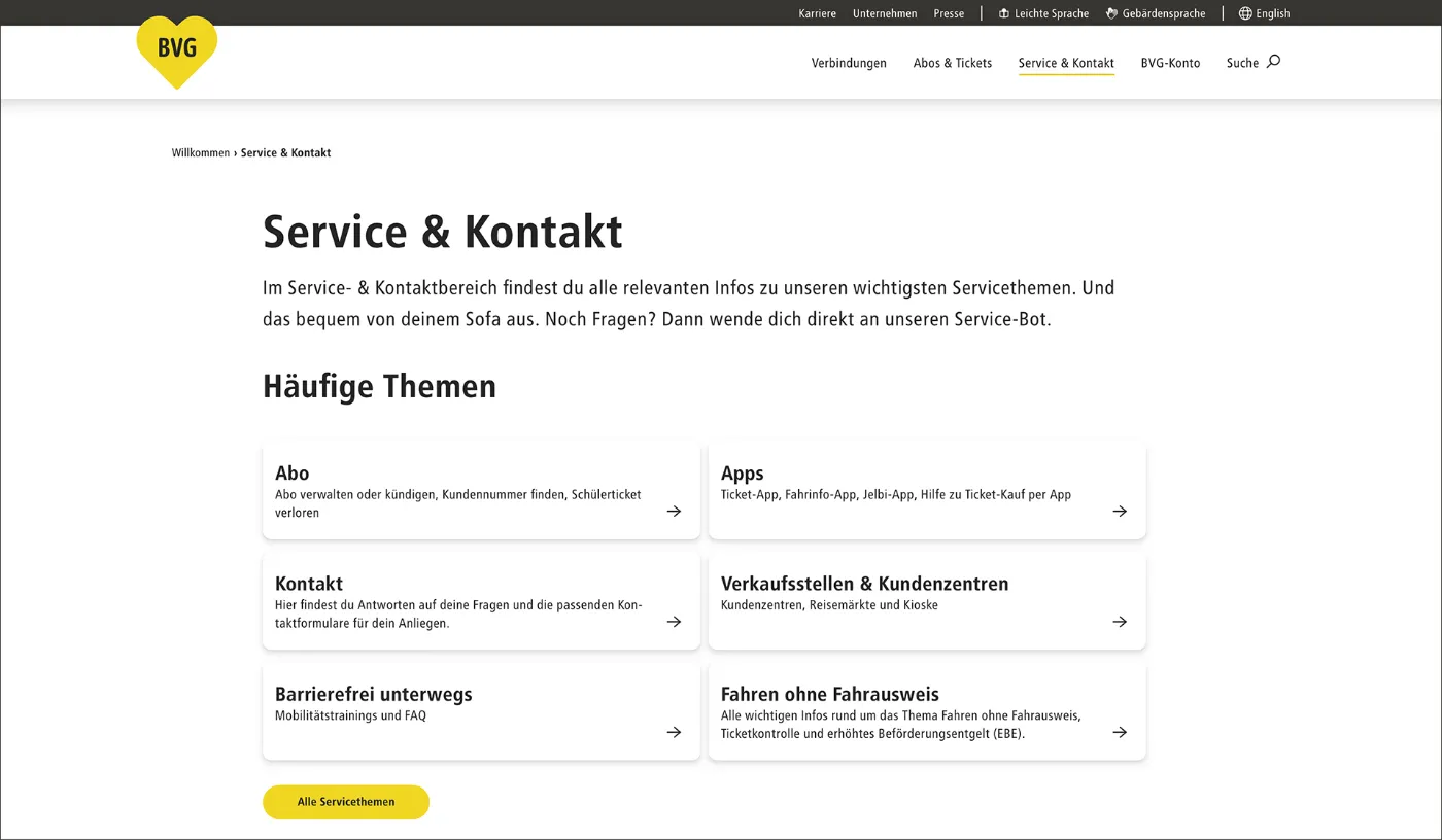 Überblick über die Seite "Service und Kontakt" auf bvg.de. Dabei werden die häufigen Themen angezeigt.