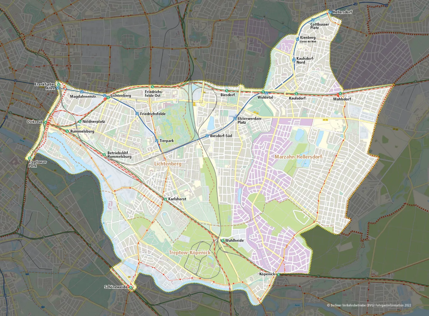 Eine detaillierte Karte, die das Bediengebiet des BVG Muva Flexible Fahrt in Teilen der Bezirke Lichtenberg, Marzahn-Hellersdorf, Treptow-Köpenick und Friedrichshain-Kreuzberg zeigt. Das Bediengebiet wurde heller hervorgehoben als das restliche Kartenmaterial. Im Westen wird das Bediengebiet von der Ringbahn zwischen den Bahnhöfen Ostkreuz und Frankfurter Allee begrenzt. Im Norden verläuft die Grenze zwischen den Bahnhöfen Frankfurter Allee und Lichtenberg entlang der Frankfurter Allee, ab dort bis zur Stadtgrenze entlang der von der S 5 bedienten Bahnstrecke Richtung Strausberg. Darüber hinaus wird auch das nördliche Kaulsdorf durch den BVG Muva erschlossen. Im Süden begrenzt die Spree das Bediengebiet bis Köpenick mit Ausnahme vom S-Bahnhof Schöneweide. Im Osten die Stadtgrenze zwischen der Bahnstrecke und der Spree.
