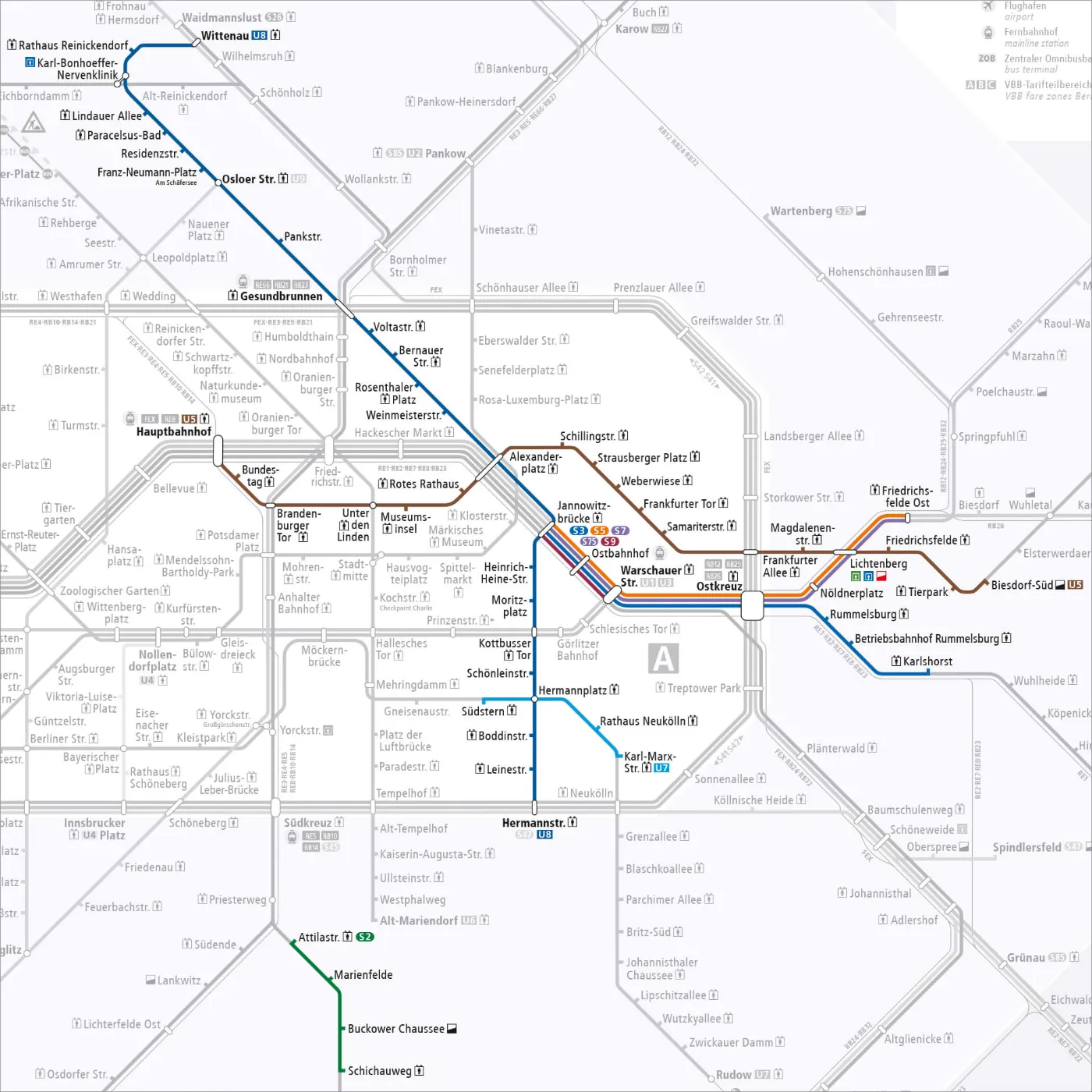 Vereinfachte Karte von Berlin mit dem eingezeichneten Bediengebiet des BVG Muva Aufzugersatzs.