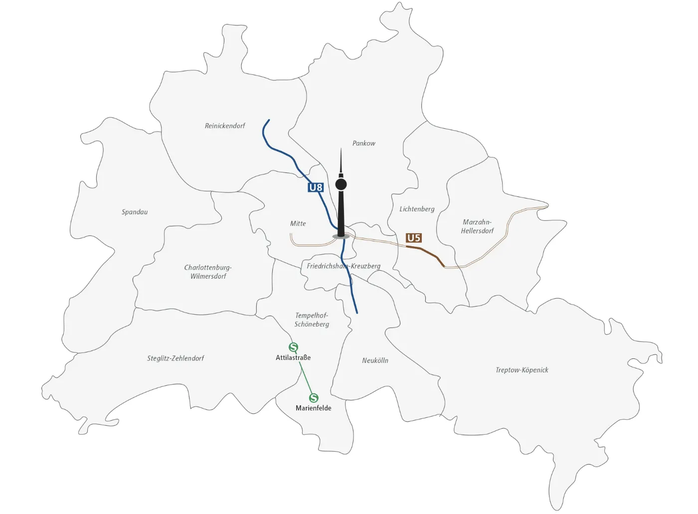 Das Bild zeigt eine Skizze von Berlin und seinen Bezirken. Der Fernsehturm ist zur Orientierung im Bezirk Mitte eingezeichnet. Neben der Unterteilung in die Bezirke, die namentlich aufgeführt sind, ist außerdem das Bediengebiet des BVG Muva entlang der U8, an Teilen der U5 und zwischen S Marienfelde und S Attilastraße eingezeichnet.