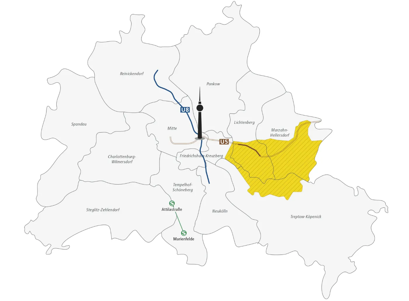 Das Bild zeigt eine Skizze von Berlin und seinen Bezirken. Der Fernsehturm ist zur Orientierung im Bezirk Mitte eingezeichnet. Neben der Unterteilung in die Bezirke, die namentlich aufgeführt sind, sind außerdem das Bediengebiet des BVG Muva in Teilen der Bezirke Lichtenberg, Marzahn-Hellersdorf und Treptow-Köpenick sowie entlang der U8, an Teilen der U5 und zwischen S Marienfelde und S Attilastraße eingezeichnet.