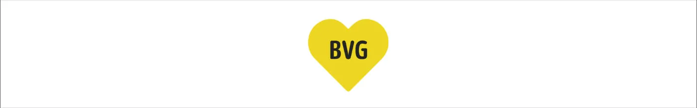 Das Logo der BVG: Ein gelbes Herz in dem in schwarzer Schrift BVG steht. 
