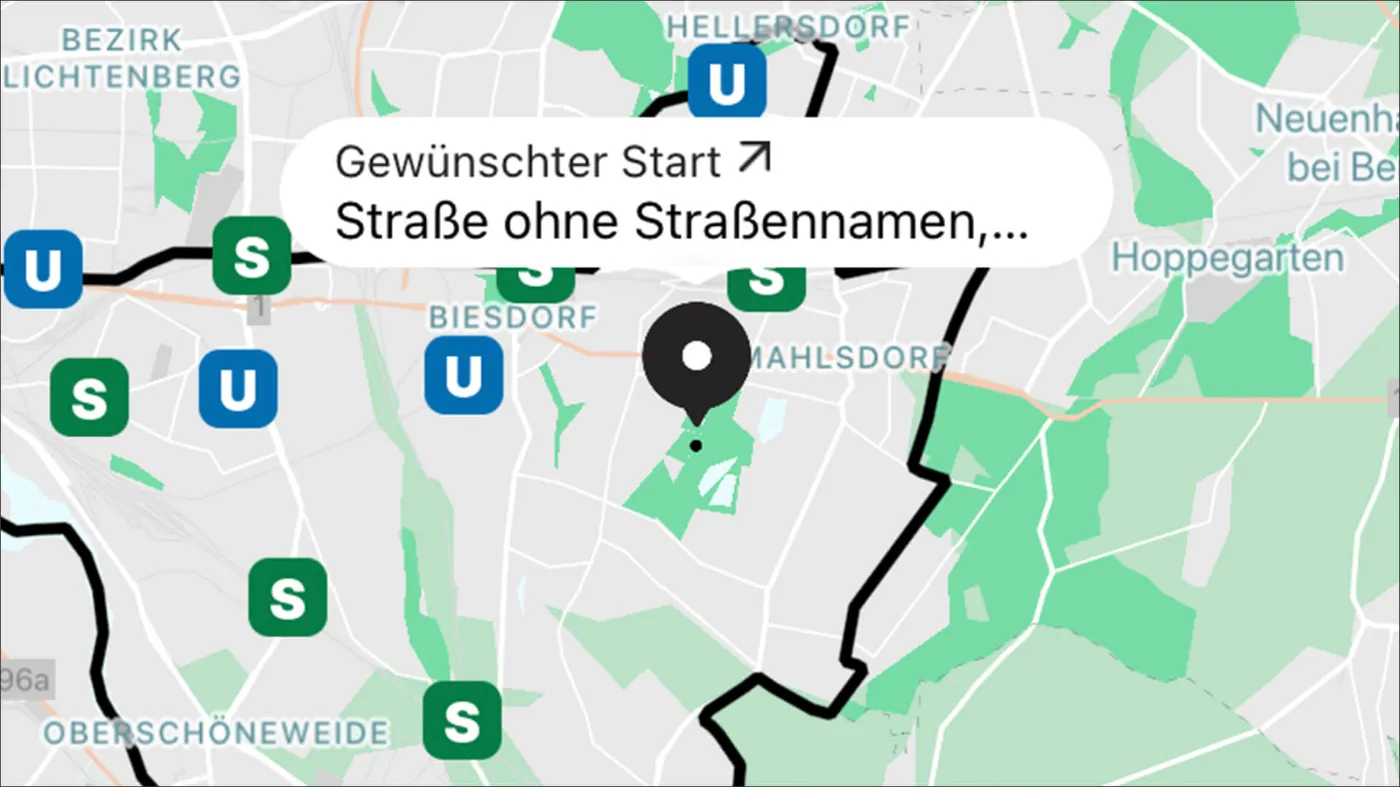 Ansicht der Karte aus der BVG Muva App mit Haltepunkten sowie S- und U-Bahnstationen in Berlin. 
