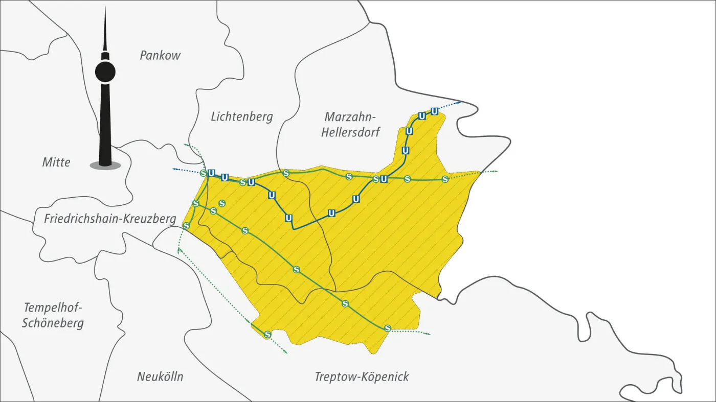 Vereinfachte Karte von Berlin, der Ausschnitt zeigt das Bediengebiet der BVG Muva Flexiblen Fahrt. 