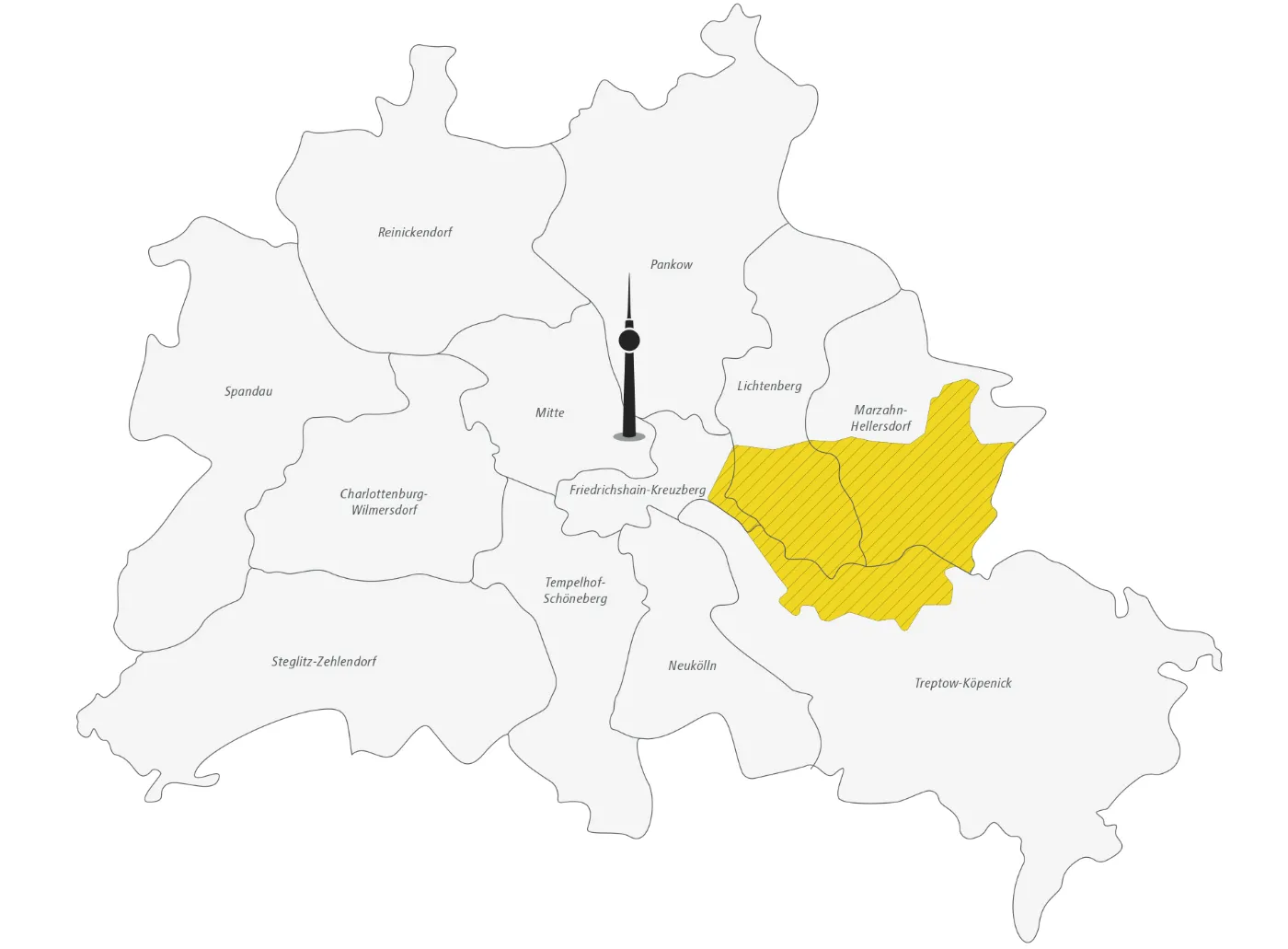 Das Bild zeigt eine Skizze von Berlin und seinen Bezirken. Der Fernsehturm ist zur Orientierung im Bezirk Mitte eingezeichnet. Neben der Unterteilung in die Bezirke, die namentlich aufgeführt sind, ist außerdem das Bediengebiet des BVG Muva in Teilen der Bezirke Lichtenberg, Marzahn-Hellersdorf und Treptow-Köpenick gelb eingezeichnet.