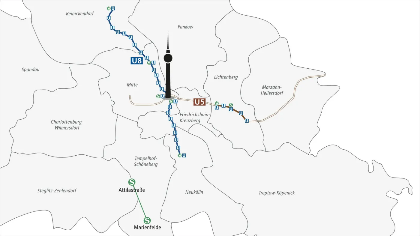 Vereinfachte Karte von Berlin, auf der das Bediengebiet des BVG Muva Aufzugersatzes eingezeichnet ist. 