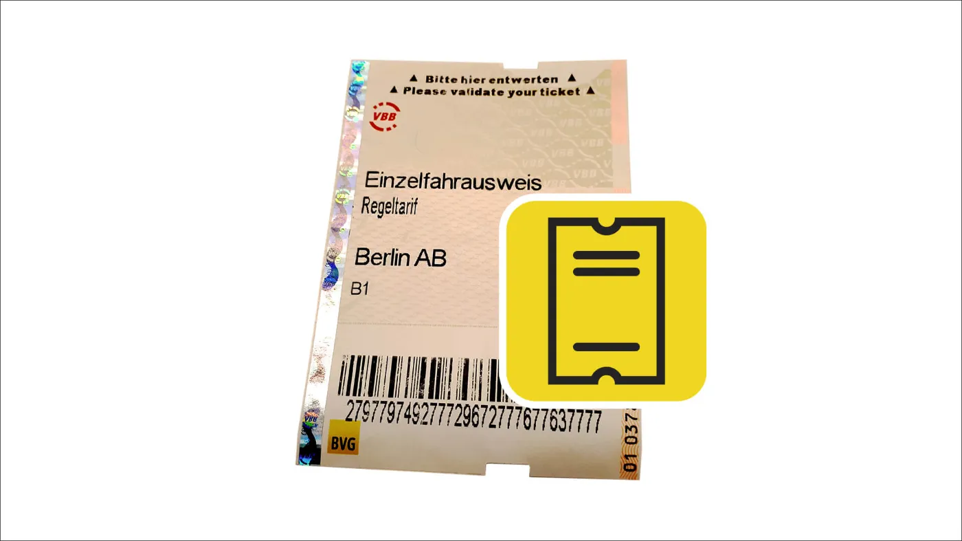 Ein Bild eines Einzelfahrausweises AB Berlin. Daneben ist das vereinfachte, gelbe Icon des Tickets zu sehen. 