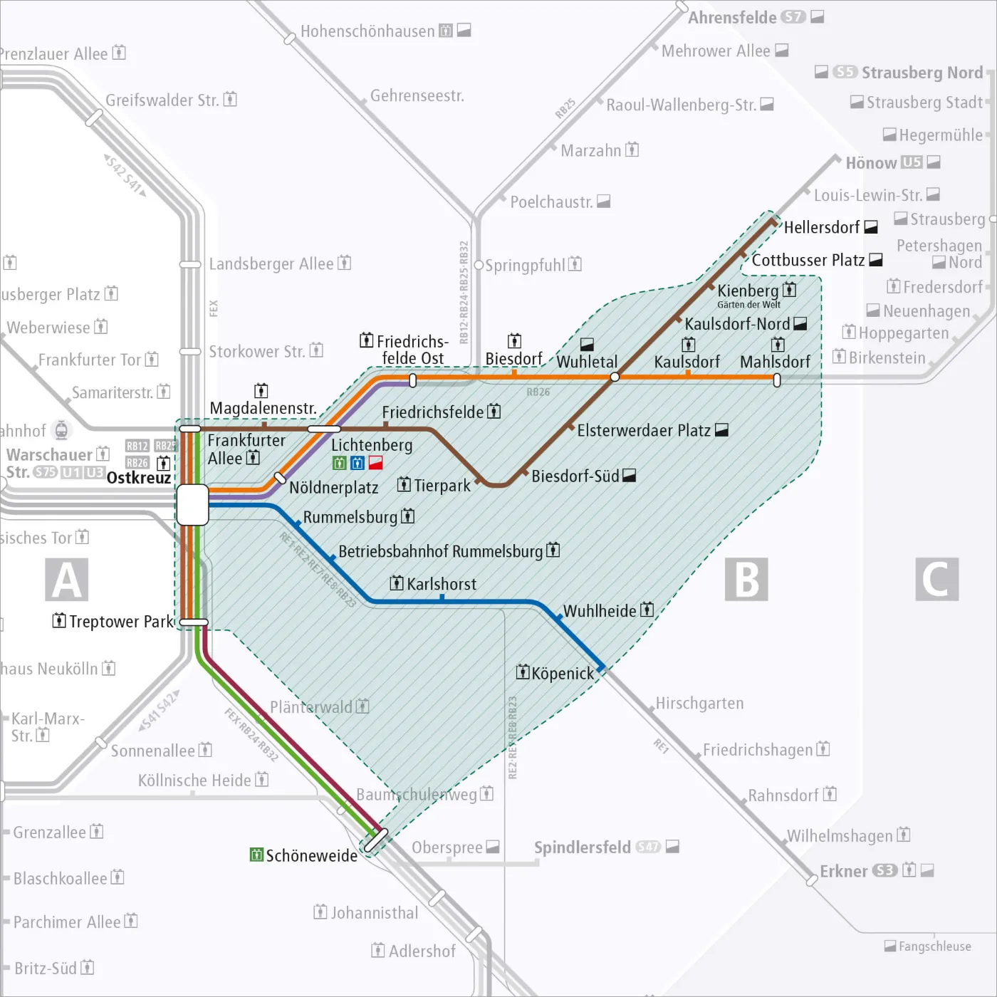 Teilgebiet von Berlin als vereinfachte Karte. Im Osten der Stadt ist das Bediengebiet der Flexiblen Fahrt des BVg Muva gelb markiert.