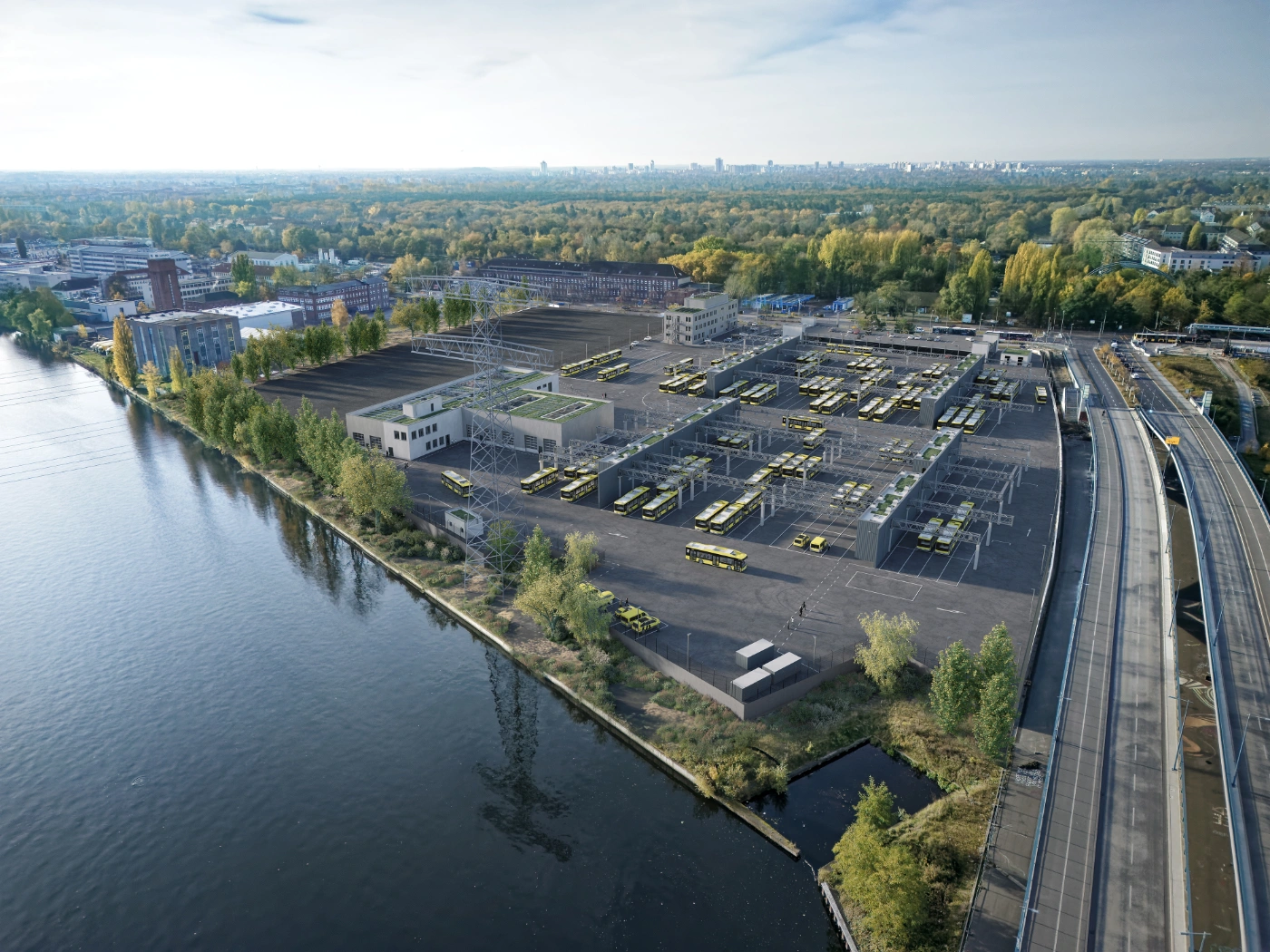 Visualisierung des E-Bus-Betriebshofs Treptow in der Köpenicker Landstraße, Blickrichtung Süd West