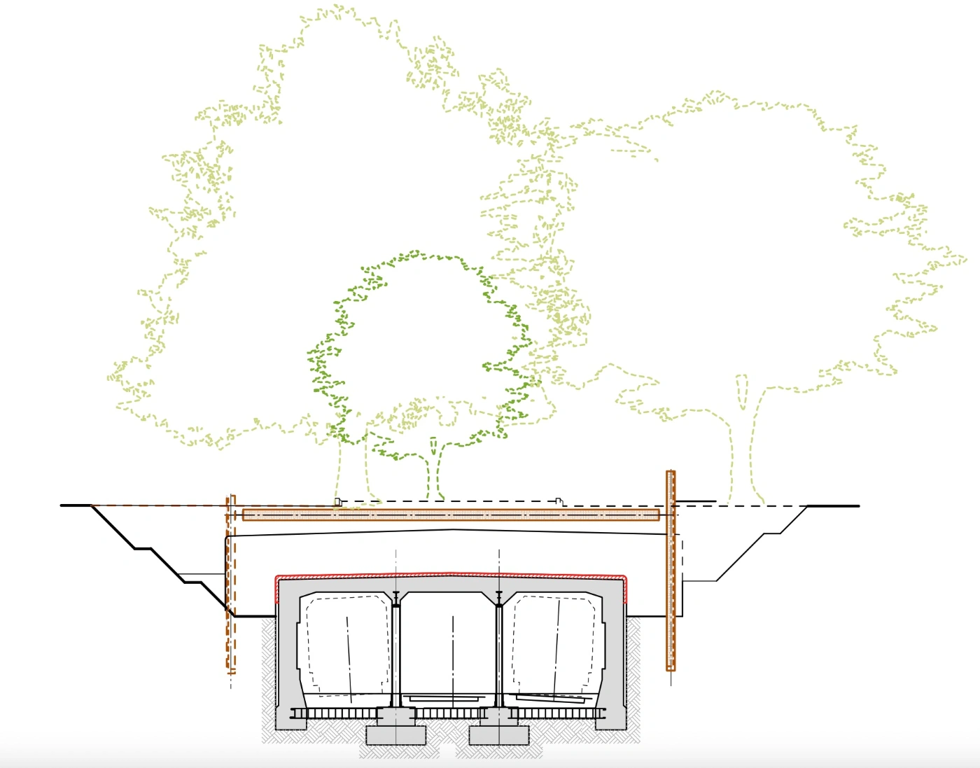 Querschnitt eines U-Bahntunnels mit Bäumen oberhalb